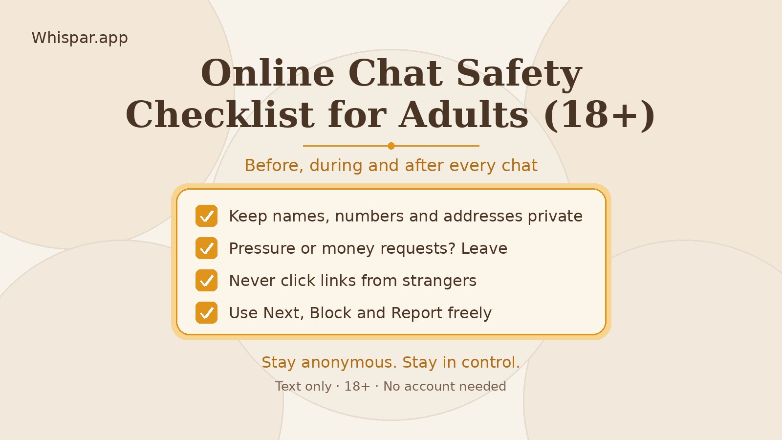 Warm amber Whispar graphic with a four-item safety checklist, titled Online Chat Safety Checklist for Adults (18+)