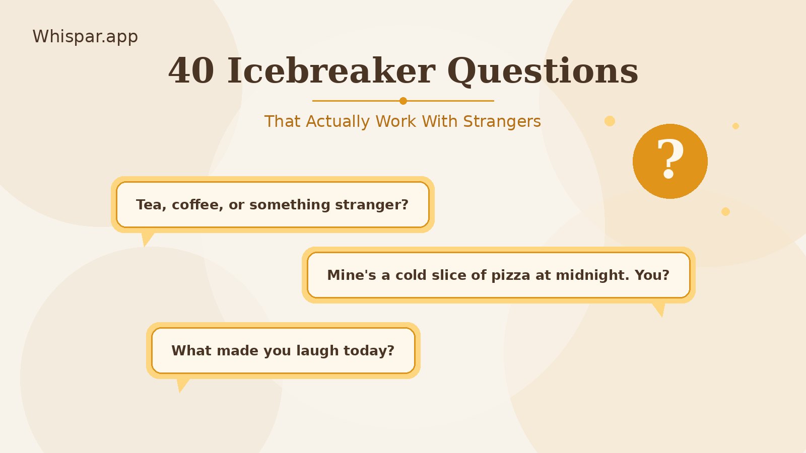 Warm amber Whispar graphic with chat bubbles of sample icebreakers, titled 40 Icebreaker Questions