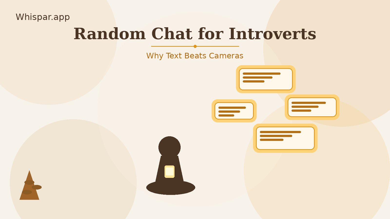 Warm amber Whispar graphic of a quiet figure with soft text bubbles, titled Random Chat for Introverts